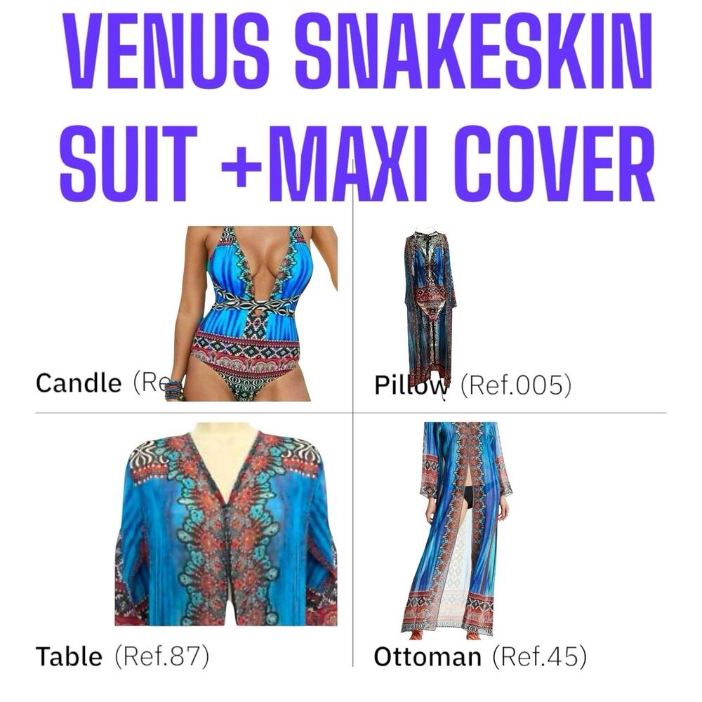 VENUS One Piece Snakeskin Suit + BOHO Rhinestone BEACH MAXI DRESS COVER (10/XL)